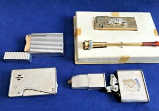 4 Vintage Petrol/gas Pocket Lighters Kw,  Dupont,  Squeezer And Thorens Box Set