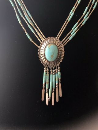 Vintage Native American Style Liquid Sterling Silver Turquoise Necklace 2