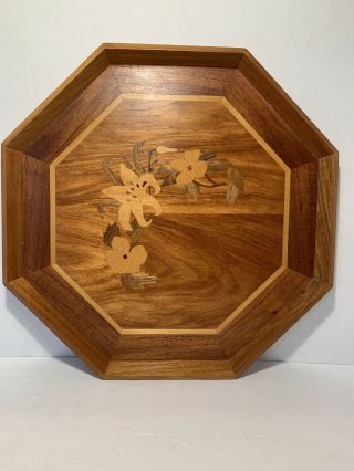 Vintage Octagon Teakwood Decorative Serving Tray With Inlaid Marquetry Flowers