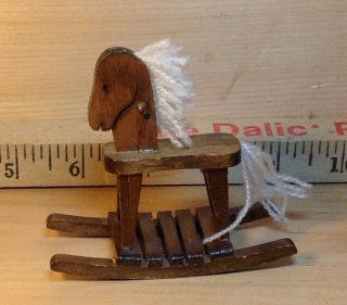 Vintage Miniature Dollhouse Rocking Horse Stained Wood Yarn Mane