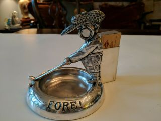 Antique Silver Figural Golfer Cigar Cutter,  Match Holder & Ashtray Marking Epns