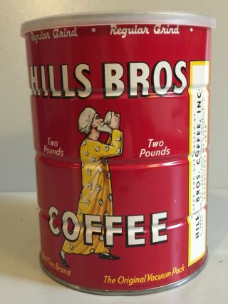 VINTAGE HILLS BROS COFFEE 2 LB TIN CAN HEAD FOR THE HILLS PLASTIC LID 3