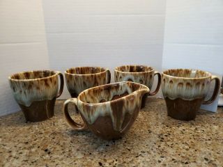 4 Vintage Usa Brown Drip Glaze Tapered Coffee Mug Cup Pottery Retro,  Creamer