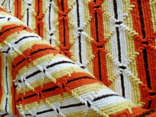 Vtg Handmade Crochet Afghan Car Couch Blanket Throw 64x30 " Autumn Fall Colors