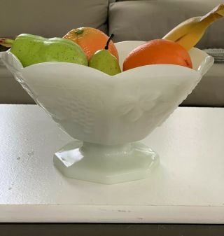 Vintage Anchor Hocking Milk Glass Large Pedestal Fruit Bowl Paneled Grape Design