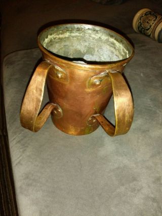 Vtg Early Huge Solid Copper Mug Cup Stein Tin Lining W/ Double Riveted Handles