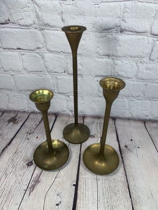 VINTAGE Mid - Century Modern Brass Candlestick Holders Set of 3 2
