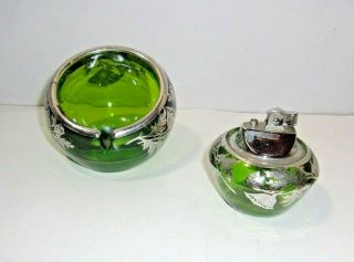 Vintage Antique Green Glass Ashtray Lighter Mid Century Modern W/ Silver Overlay