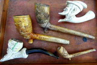 Five Assorted Antique Figural Clay Pipes - Regimental,  Figural And Miniature