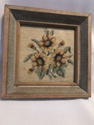 Vintage Floral Needlepoint Yellow Flowers Framed Glass Small Picture Mid Century