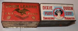 Set Of 2 Large Antique Union Leader Cut Plug Tobacco Tin Lunchbox & Dixie Queen
