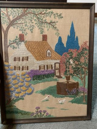 Antique Vintage Large Framed Needlepoint Embroidery Fabric Art 1930s Farmhouse