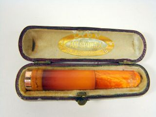 French Antique Amber & 18 K Gold Rimmed Cigar/cigarette Holder In Case