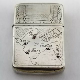Ww2 Era Trench Art Lighter Case India Map 900 Silver Rubies Zippo Insert,  Empty