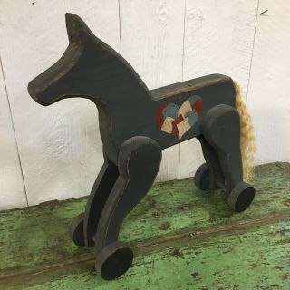 Vintage Handmade Wooden Rocking Horse On Wheels Blue Painted Childrens Room Art