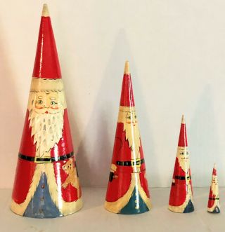 Vtg Christmas Nesting Dolls Santa Claus Painted Wood Cone Shaped Stacking