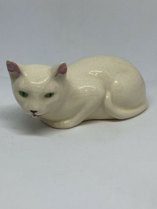 Vintage Mcm Mid Century Modern White Porcelain Cat Kitty Laying Green Eyes 50s
