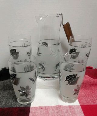 Vintage Mcm Libby Glassware Silver Foliage Leaf Pattern - Pitcher,  Glasses Set