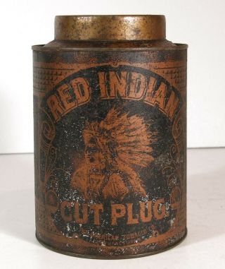 1890s Red Indian Cut Plug Tobacco Upright Canister Tobacco Tin Litho Tobacco Tin