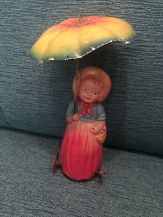 VINTAGE OCCUPIED JAPAN CELLULOID TIN WIND UP TOY LITTLE BO PEEP with UMBRELLA 2