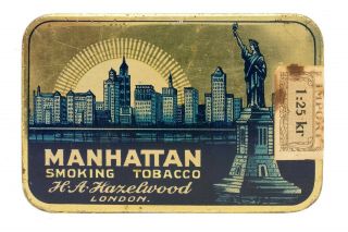Rare 1930s English " Manhattan " Litho Hinged Tobacco Tin In