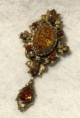 Vintage Victorian Revival Brooch Contessa Pin Pendant Amber Glass Big