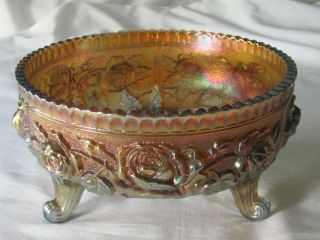 Vintage Imperial Marigold Carnival Glass Footed Fruit Bowl Dish Rose Pattern