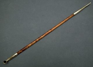 Antique 19th Century Chinese Qing Dynasty Long Wood Pipe With Brass Mounts