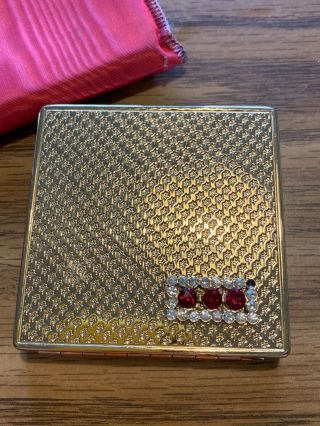 Vtg Richard Hudnut Gold Brass Compact Square W/rhinestones York W/pouch