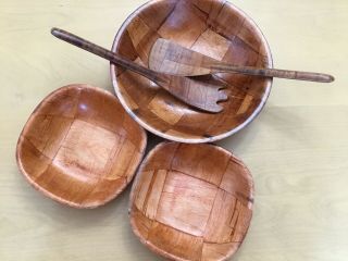 Vintage Retro 5 Piece Woven Brown Wood Salad Bowl Set For 2,  Serving Utensils