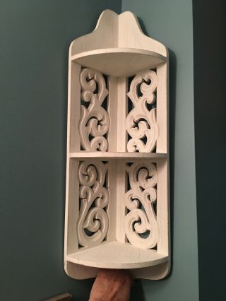 Corner Wall Shelf - Distressed White Wood 3 Shelves Shabby Chic
