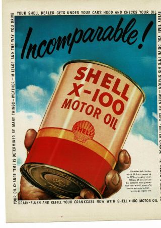 1950 Shell X - 100 Motor Oil Big Can Art Vintage Ad