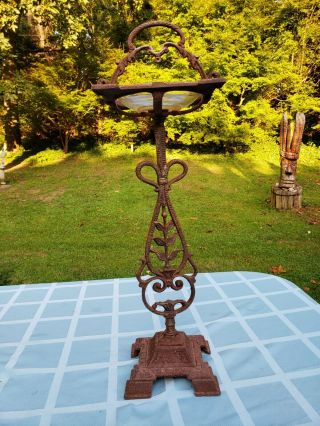 Antique Cast Iron - Cigar & Cigarette Smoking Stand With Glass Tray