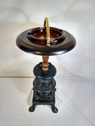 Vintage Cast Metal 21” Pot Belly Stove Smoking Stand Floor Glass Ashtray