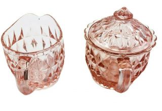 Vintage Jeanette Depression Glass Cubist Pattern Pink Sugar Bowl Lid & Creamer