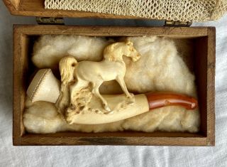 Antique Beautifully Hand Carved Meerschaum Pipe Horse In Quaint Wooden Box