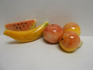 Alabaster Fruit Stone Peach Melon Banana Apple Carved Quartz Vintage Set Of 5