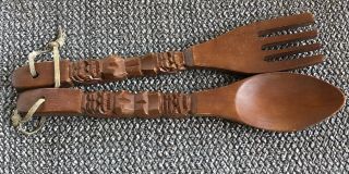 Vtg Large Big Wood Spoon & Fork Hand Carved Totem Tiki Wall Decor Midcentury 14”