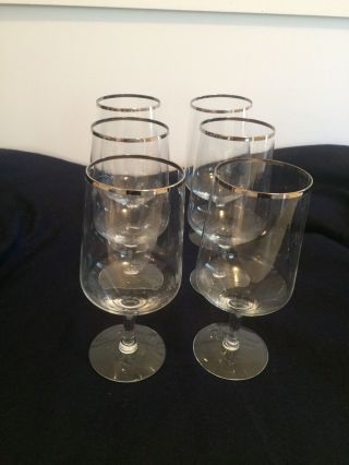 Set Of 6 Vintage Silver Rim Water / Wine Glasses - Unknown Maker