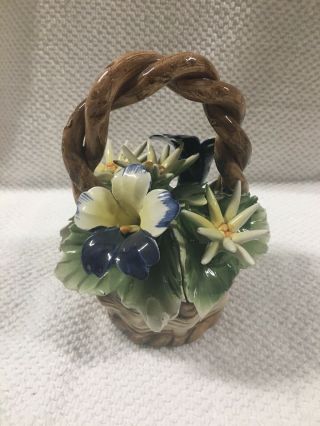 Vintage Capodimonte Porcelain Flower Basket Figurine Blue And White Flowers 6”