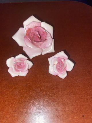Vintage Bone China Flower Pin Brooch Earrings Set - Estate