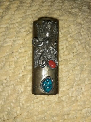 Navajo Silver Lighter Holder With Turquoise And Coral W/bear 1970 Over 3 Inches