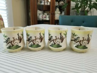 Vintage Set Of 4 Bird Coffee Mugs Cups White With Yellow Flourish Signed Ceramic