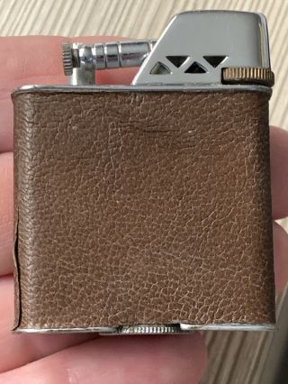 Vintage Golden Wheel Lift Arm Pocket Lighter With Wind Guard & Leather Wrap