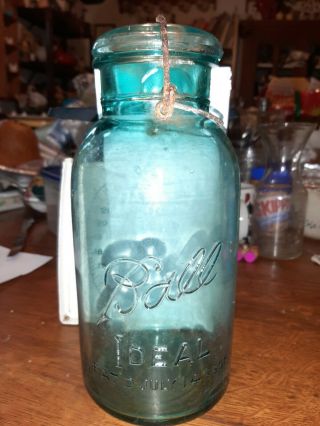 Vintage Blue Half Gallon Ball Ideal Glass Top Jar With Wire Bail - Patent 1908
