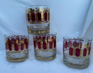4 Vintage Culver Cranberry Scroll Double Old Fashioned Glasses