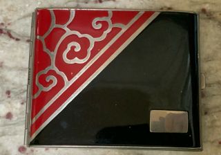 Art Deco Enameled Chrome Cigarette Case Compact Red/black Floral Asian Influence