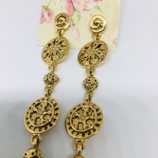 Statement Medallion Vintage Unique Gold Tone Chain Coin Earrings Long Round