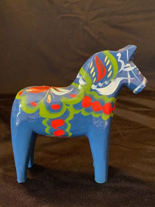 Vintage Nils Olsson Blue Dala Horse Dalecarlian Swedish Folk Art Figurine 5 "