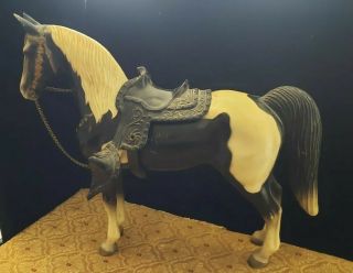 Vintage Usa Black & White Painted Horse With Chain Reins And Saddle